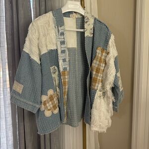 NEW 2025 POL Blue and Cream Textured Patch Kimono Open Jacket Sz SMALL